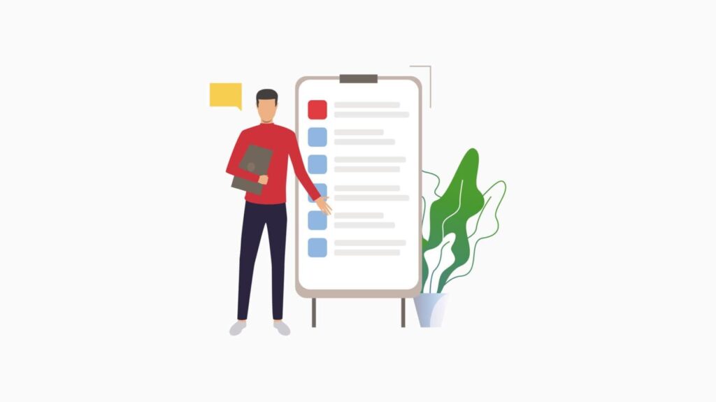 Man standing at flipchart with list vector illustration