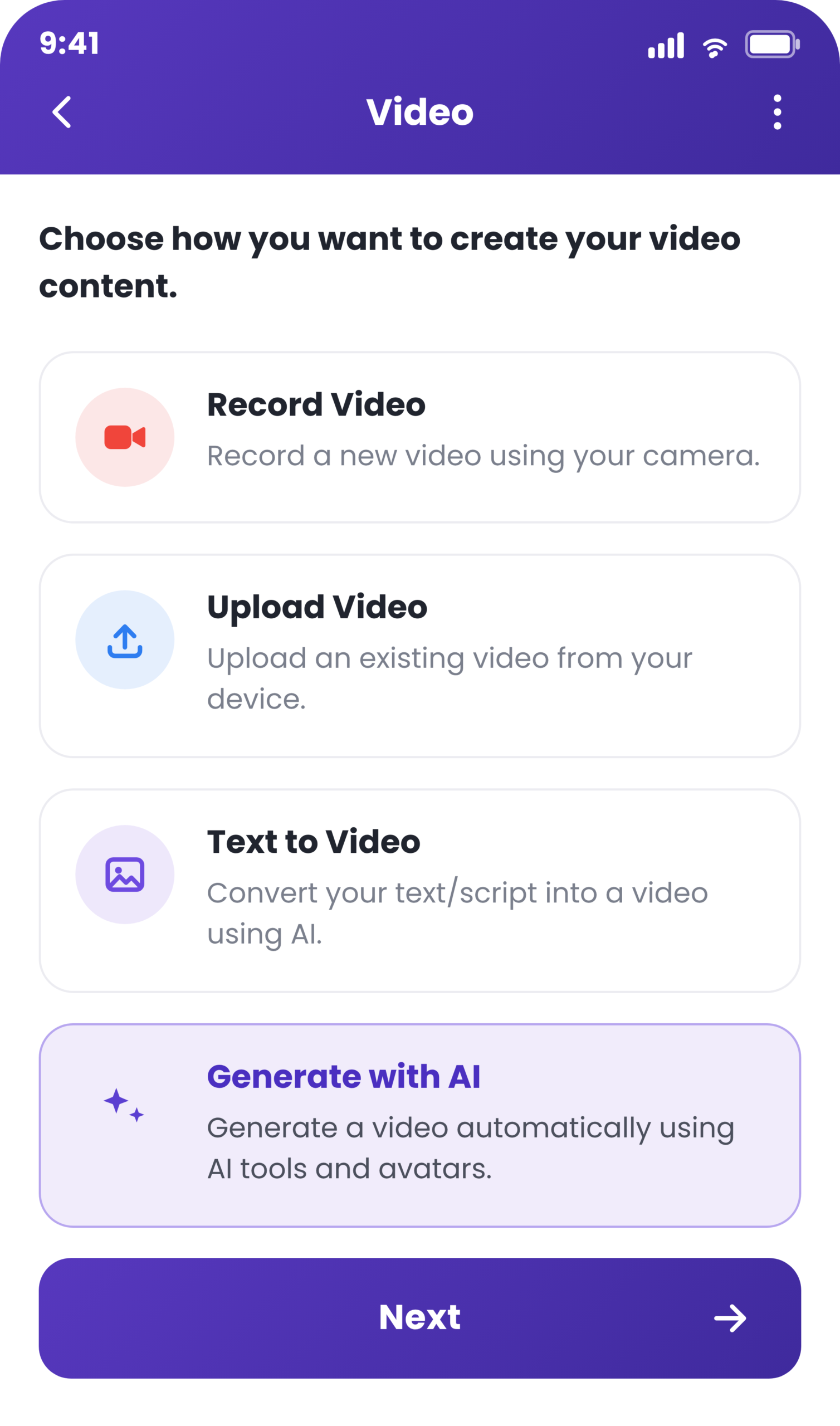 Instancy AI Knowledge Transformation — selecting content type on mobile